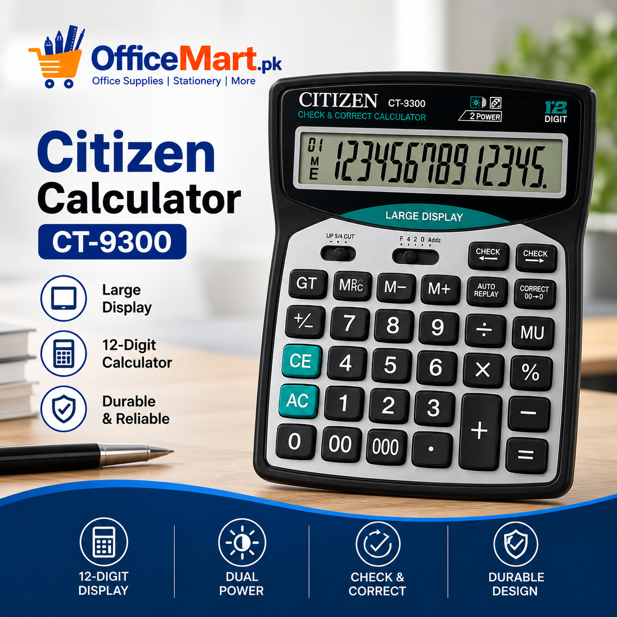 Citizen Calculator CT-9300 | 14-Digit Desktop Calculator | Dual Power (Solar + Battery) | Large Display - Image 1