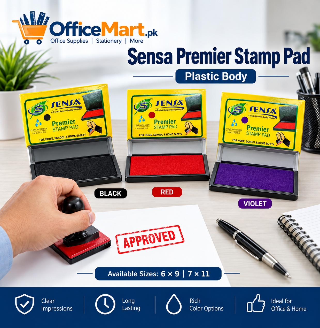 b36e307e-119c-4da1-a923-ecee0a4a1894 Sensa Premier Stamp Pad Plastic Body – Black, Red & Violet | Sizes 6×9 & 7×11 - Image 1