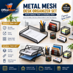Metal Mesh Desk Organizer Set | Single & Double Letter Tray | Office File Holder | Pen Stand | Document Organizer | Home, Office & School