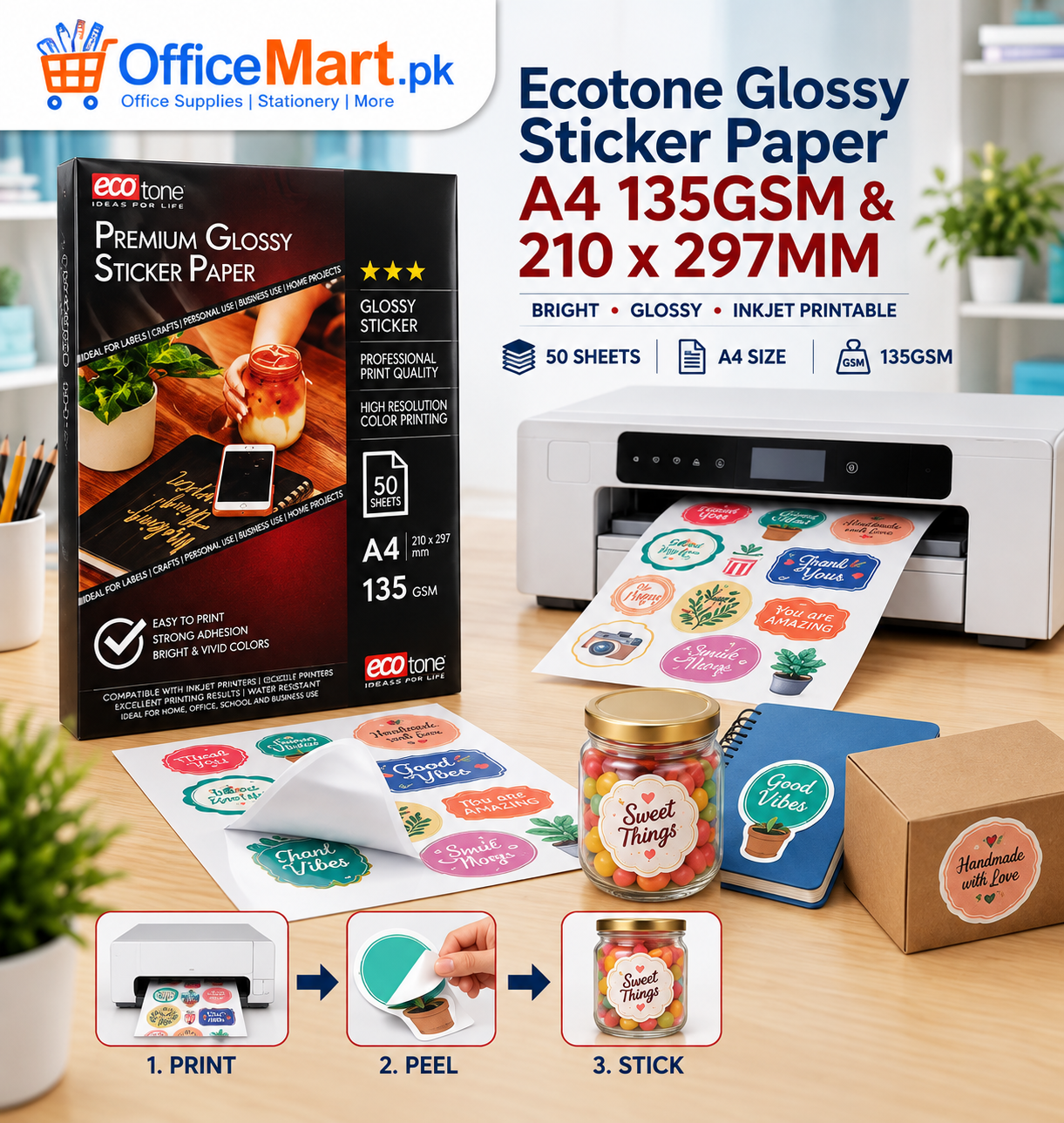 c8149264-9e6c-4c10-819e-512bdb1d975a Ecotone Glossy Sticker Paper A4 135GSM & 210 x 297MM - Image 1